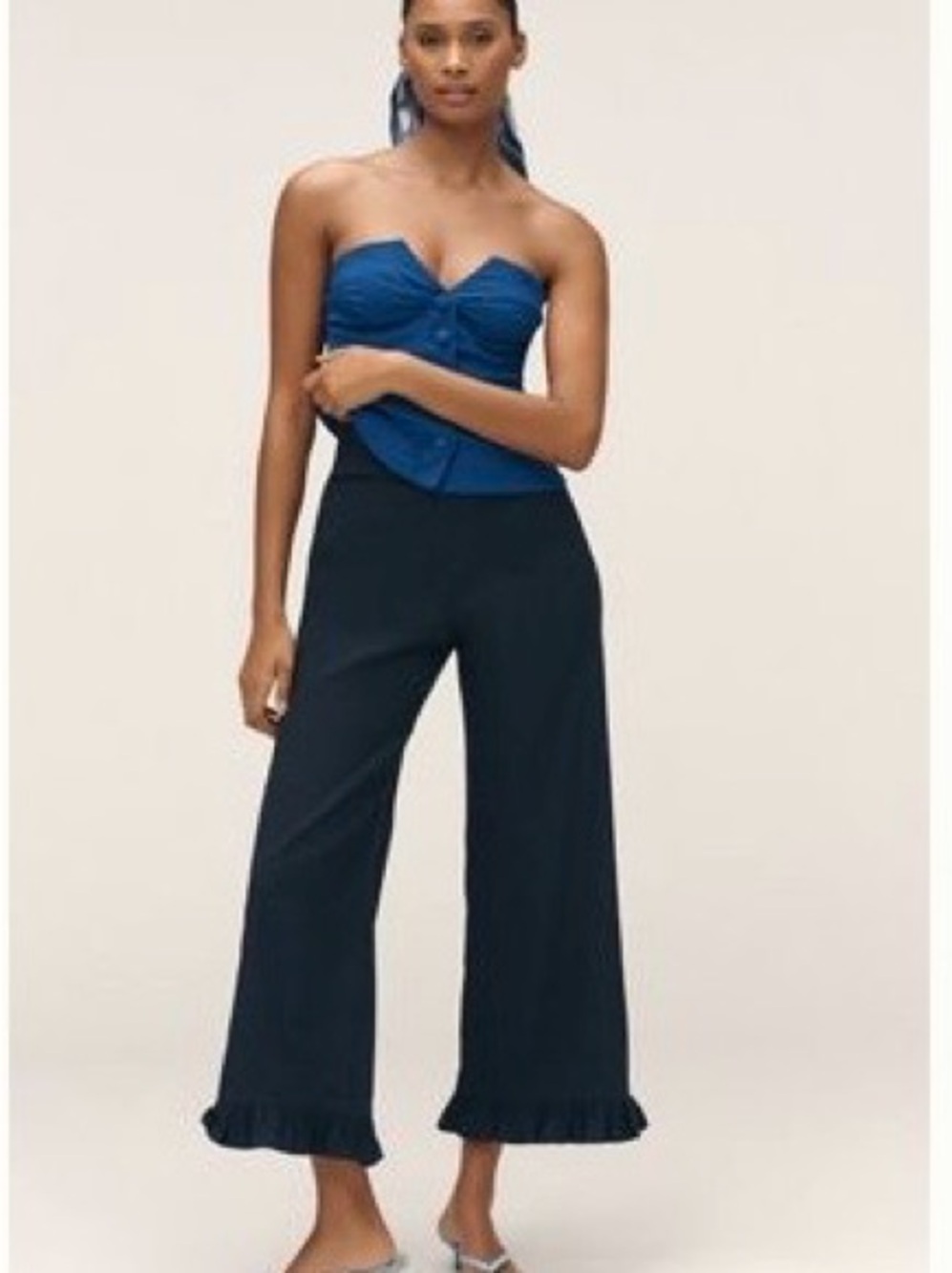 Anthropologie Maeve Colette Dark Navy Ruffle-Hem Wide Capris